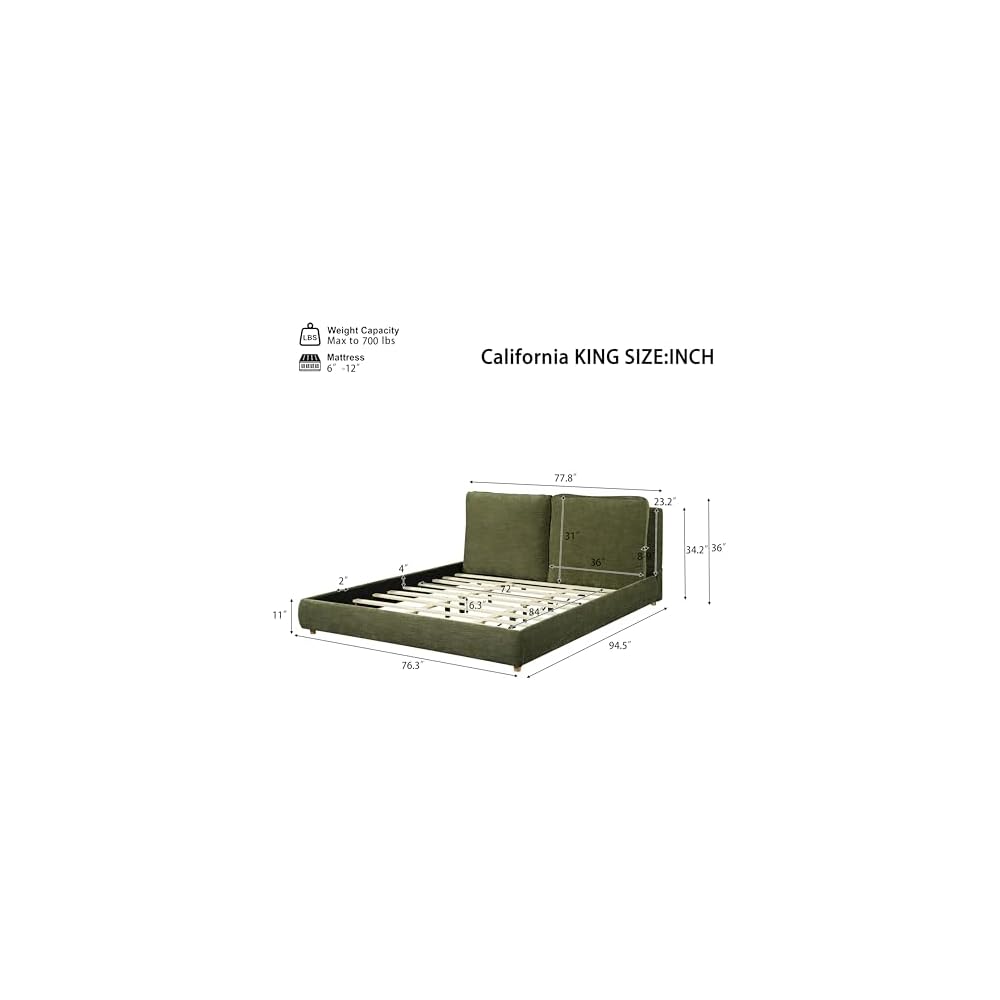 California King Linen Blend Platform Bed with 2 Pillows, Olive Green