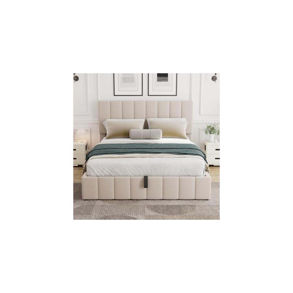 Gas Lift Up Storage Platform Bed, Upholstered Bed Frame with Hydraulic Storage System and Wooden Slat Support, Queen Size, Beige