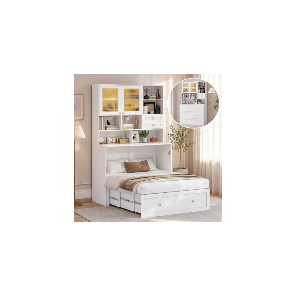 Murphy Bed with Large Storage, LED Light, Charging Station (Queen)