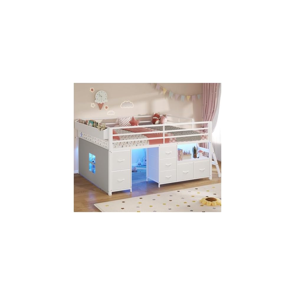 Kids Low Loft Bed Full with 7 Drawers, Bookcase, Safety Guardrail