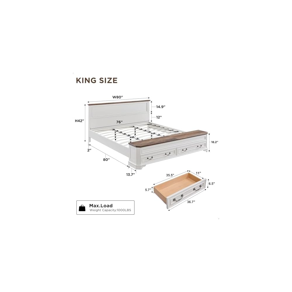 Farmhouse King Bed with Headboard and Storage Bench, Antique White