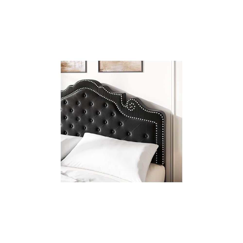 Queen Bed Frame with Adjustable Headboard/Velvet Upholstered/Diamond Button Tufted and Metal Studs/No Box Spring Needed/Wood Slat Support/Easy Assembly/Black
