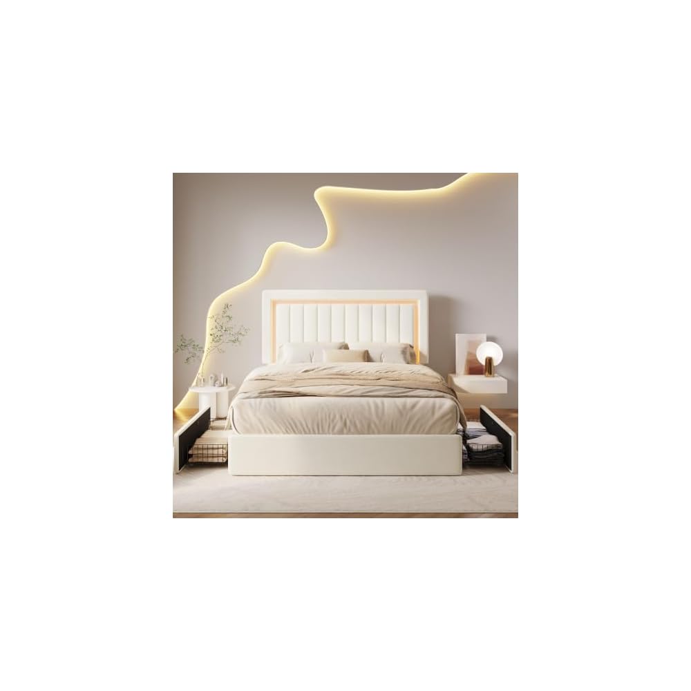 Full Size Bed Frame with LED Lights,2 Storage Drawers, Cream
