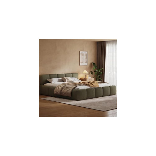 California King Boucle Platform Bed with Thick Headboard, Green