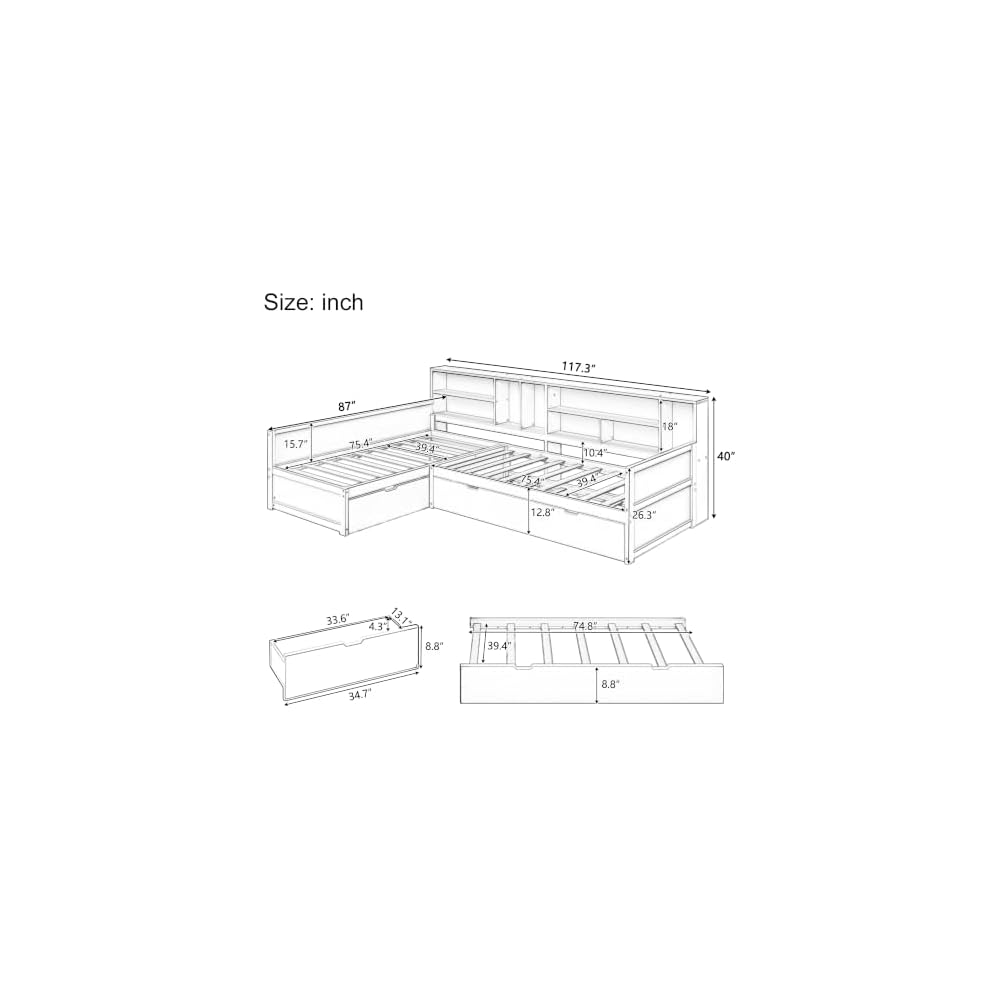 Twin Wooden L-Shaped Daybed with Trundle and Storage Drawer, Seadrift