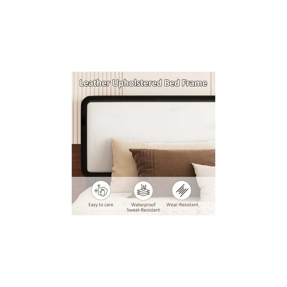 Full Size Bed Frame with Headboard, Color-Blocking Leather Platform Bed, Adjustable Upholstered Headboard, No Box Spring Required, Low Noise, Easy to Assemble, White