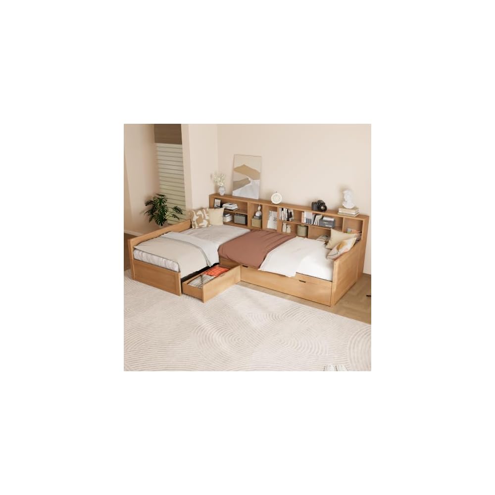 Twin Wooden L-Shaped Daybed with Trundle and Storage Drawer, Seadrift