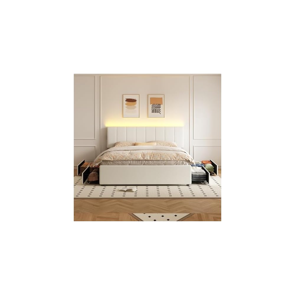 King Size Upholstered Platform Bed with 4 Storage Drawers