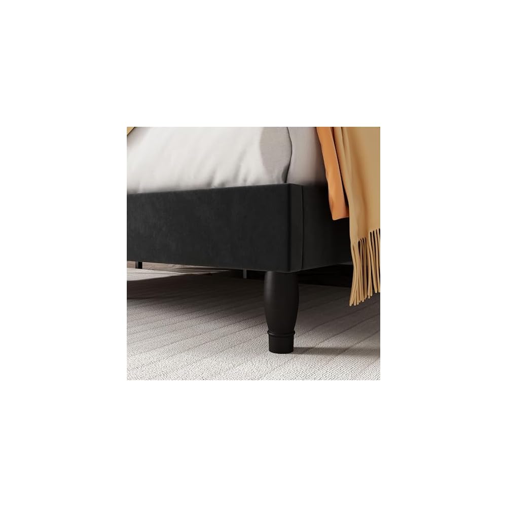 Queen Bed Frame with Adjustable Headboard/Velvet Upholstered/Diamond Button Tufted and Metal Studs/No Box Spring Needed/Wood Slat Support/Easy Assembly/Black