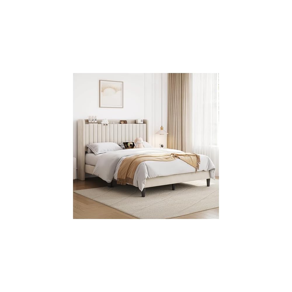 Queen Bed Frame with Channel-Tufted Storage Headboard, Cool Beige