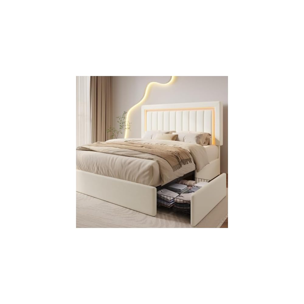 Full Size Bed Frame with LED Lights,2 Storage Drawers, Cream