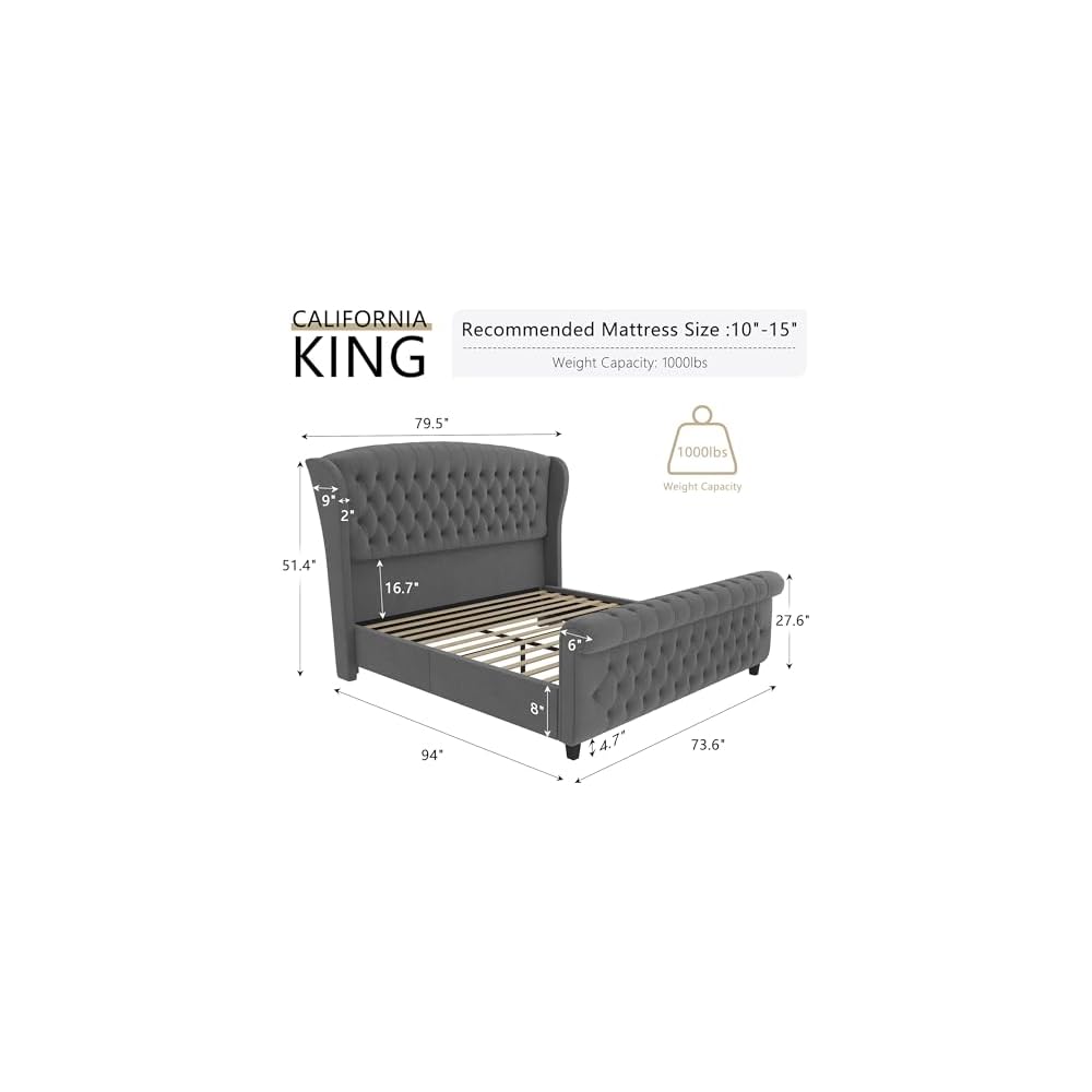 California King Upholstered Sleigh Bed Frame with Headboard