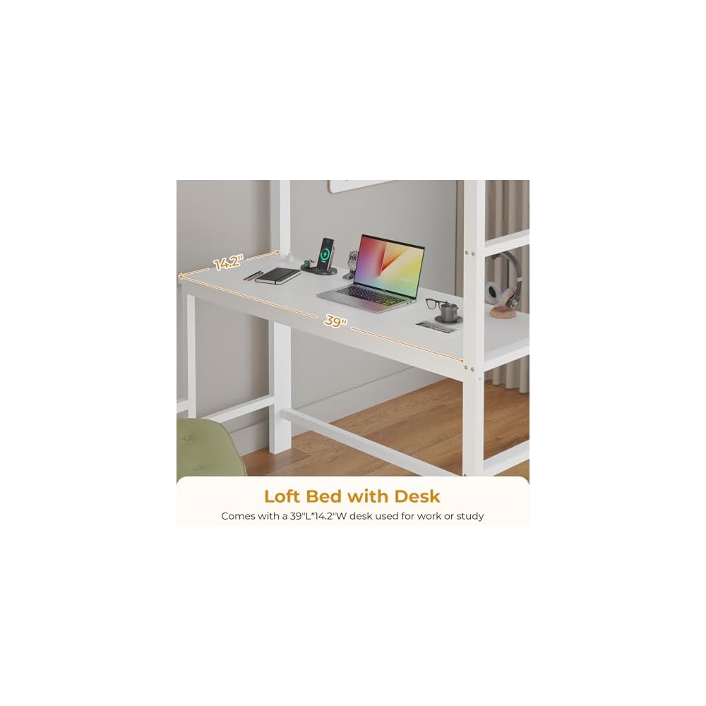 Twin Loft Bed with Desk, 8 Storage Drawers,LED Lights, White