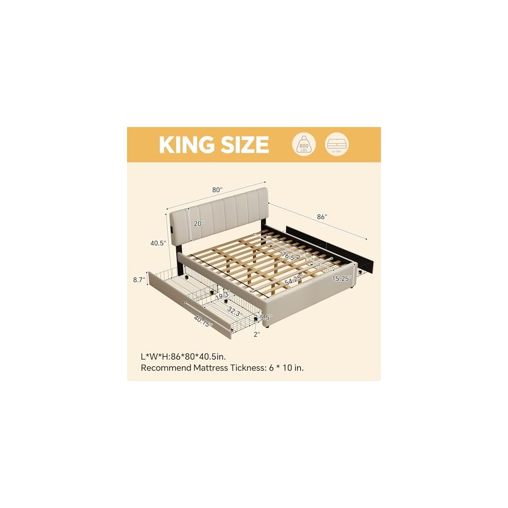 King Size Upholstered Platform Bed with 4 Storage Drawers