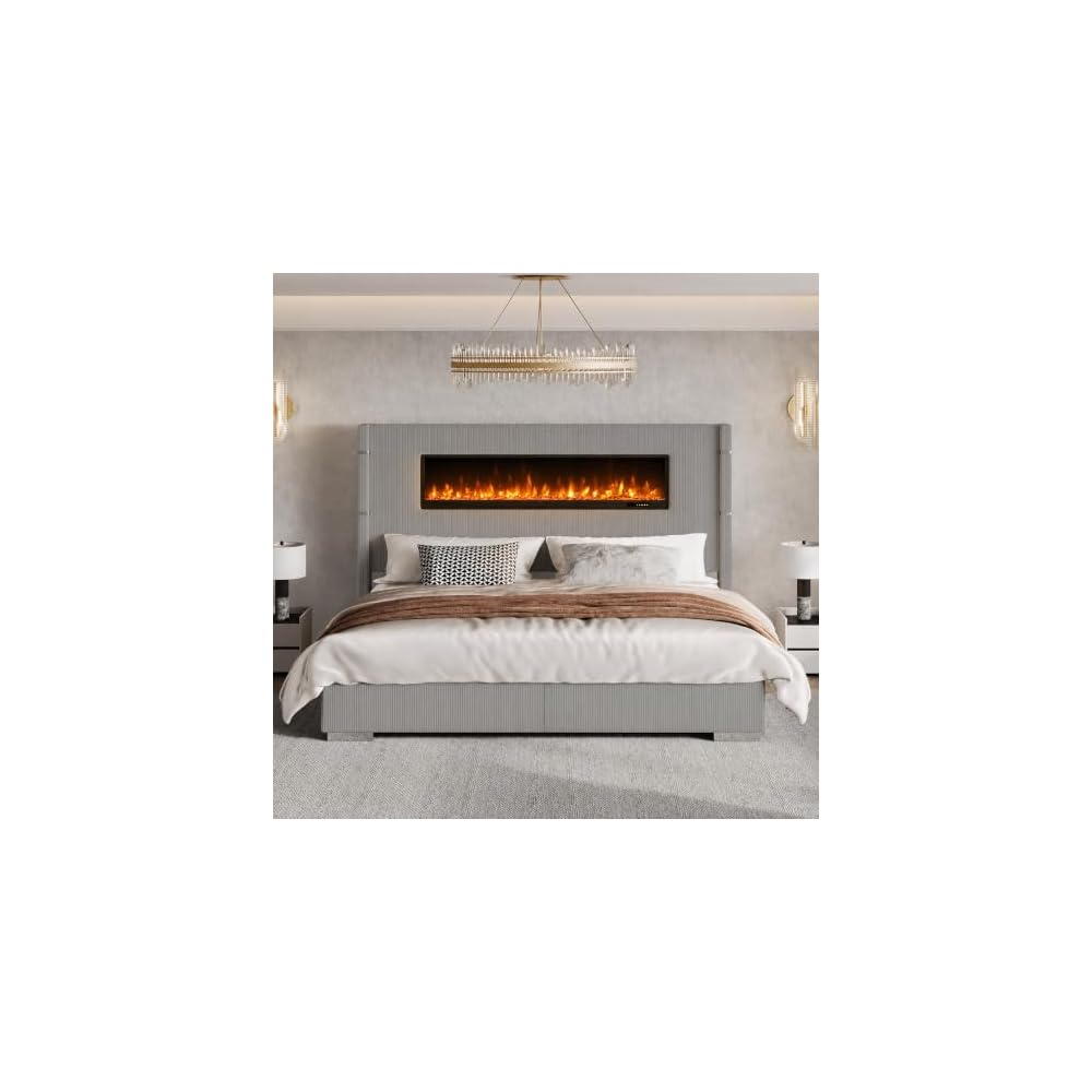 Cal King Fireplace Bed Frame, Upholstered Headboard, Light Gray