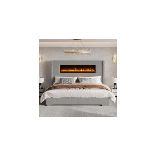 Cal King Fireplace Bed Frame, Upholstered Headboard, Light Gray