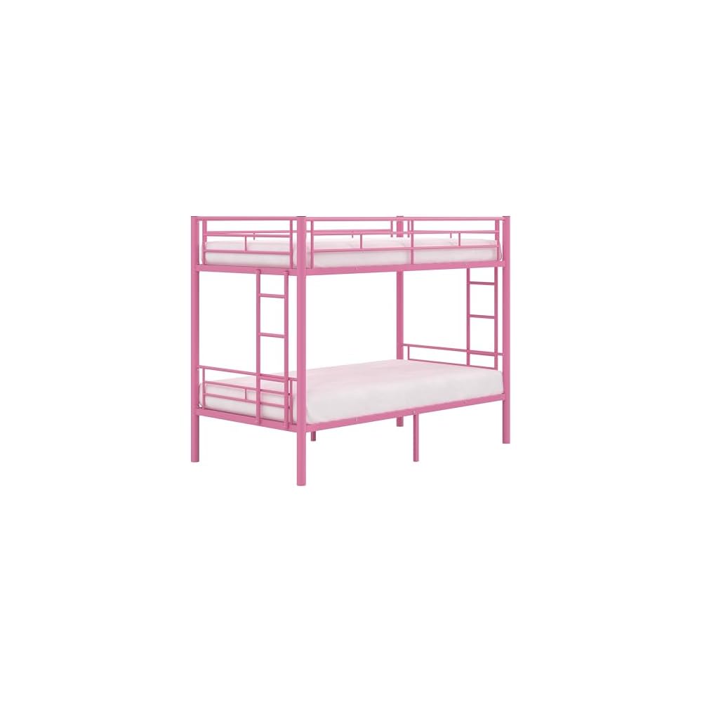Bunk Bed Twin Over Twin, Metal Bunkbeds with Ladder and Full-Length Guardrail, No Box Spring Needed, Space Saving, Noise Free, Light Pink