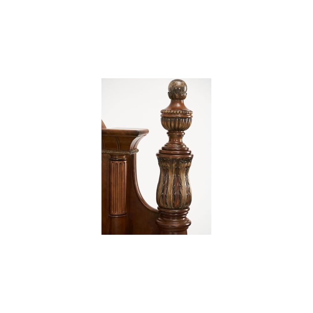 Villa Valencia Brown Eastern King Poster Bed Solid Wood Frame Marble Accents Classic Chestnut Finish Sturdy American Poplar Construction Elegant Canopy Design
