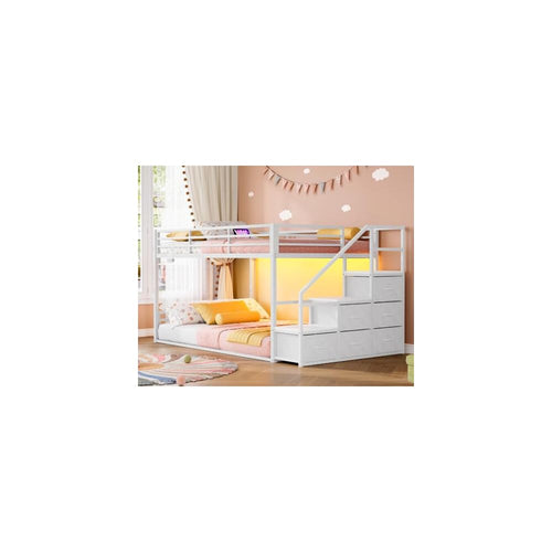 Bunk Bed Twin Over Twin with Storage Stairs, Metal Bunk Beds for Kids