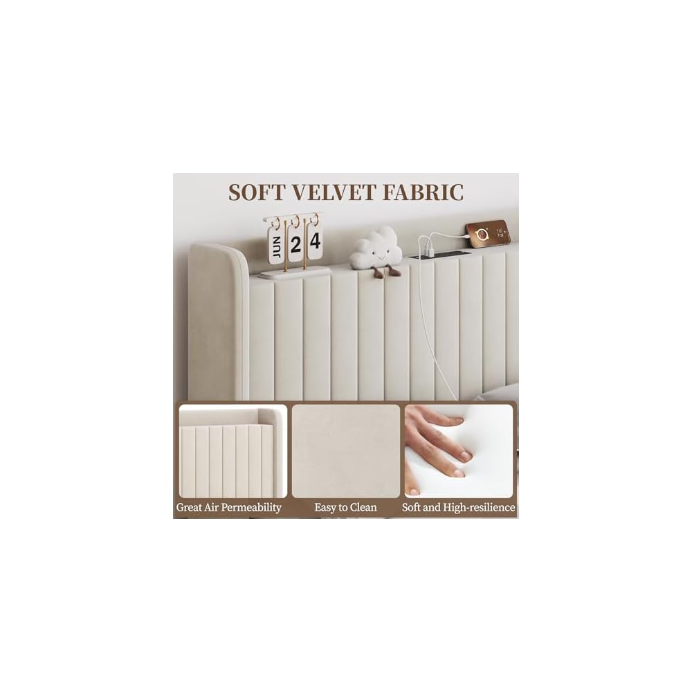 Queen Bed Frame with Channel-Tufted Storage Headboard, Cool Beige