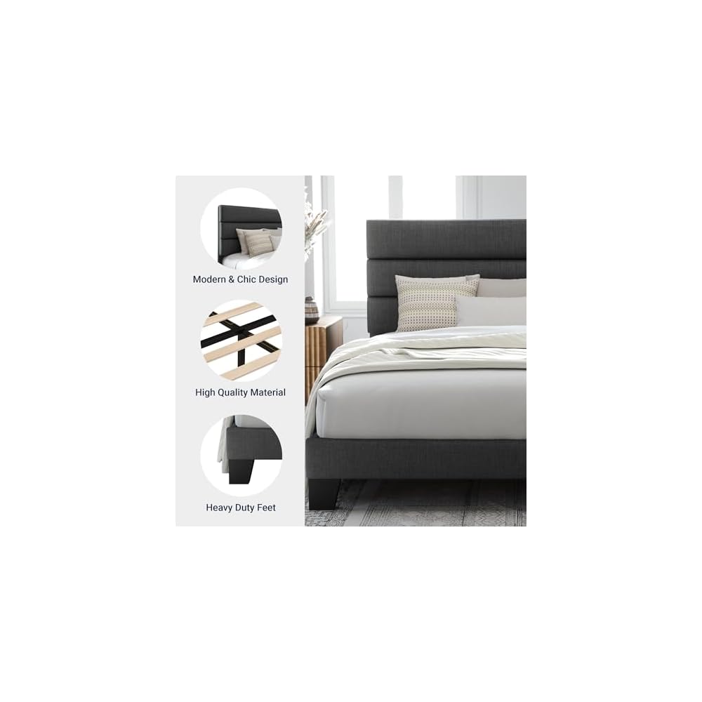 Queen Size Platform Bed Frame with Fabric Upholstered Headboard