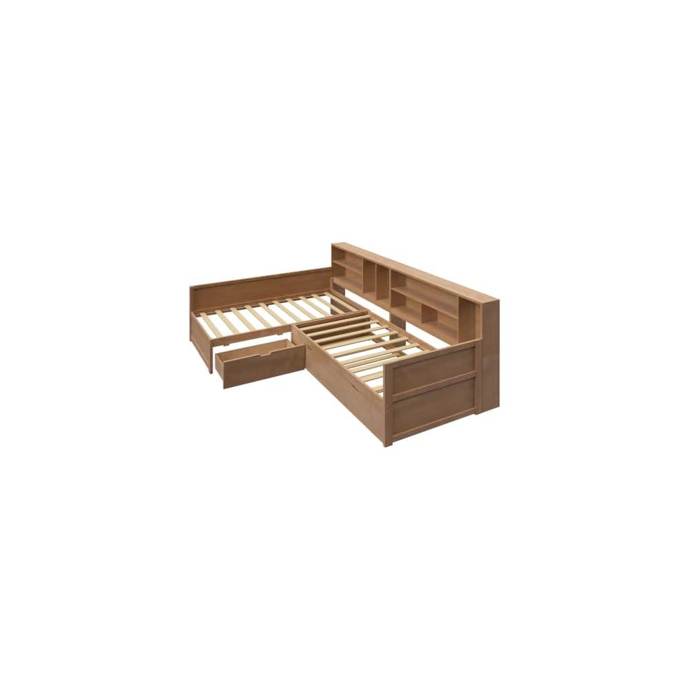 Twin Wooden L-Shaped Daybed with Trundle and Storage Drawer, Seadrift