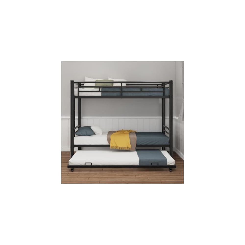 Metal Triple Bunk Bed, Twin Over Twins with Trundle, Heavy Duty Beds Frame with Ladder and Safety Rails for Small Bedroom, Space-Saving Noise Free (Black)