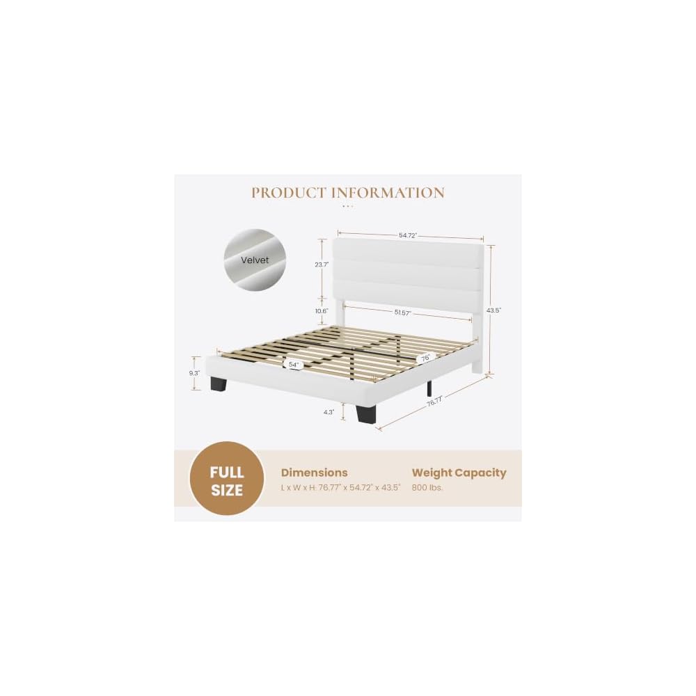 Full Platform Bed Frame with Upholstered Velvet Headboard, White