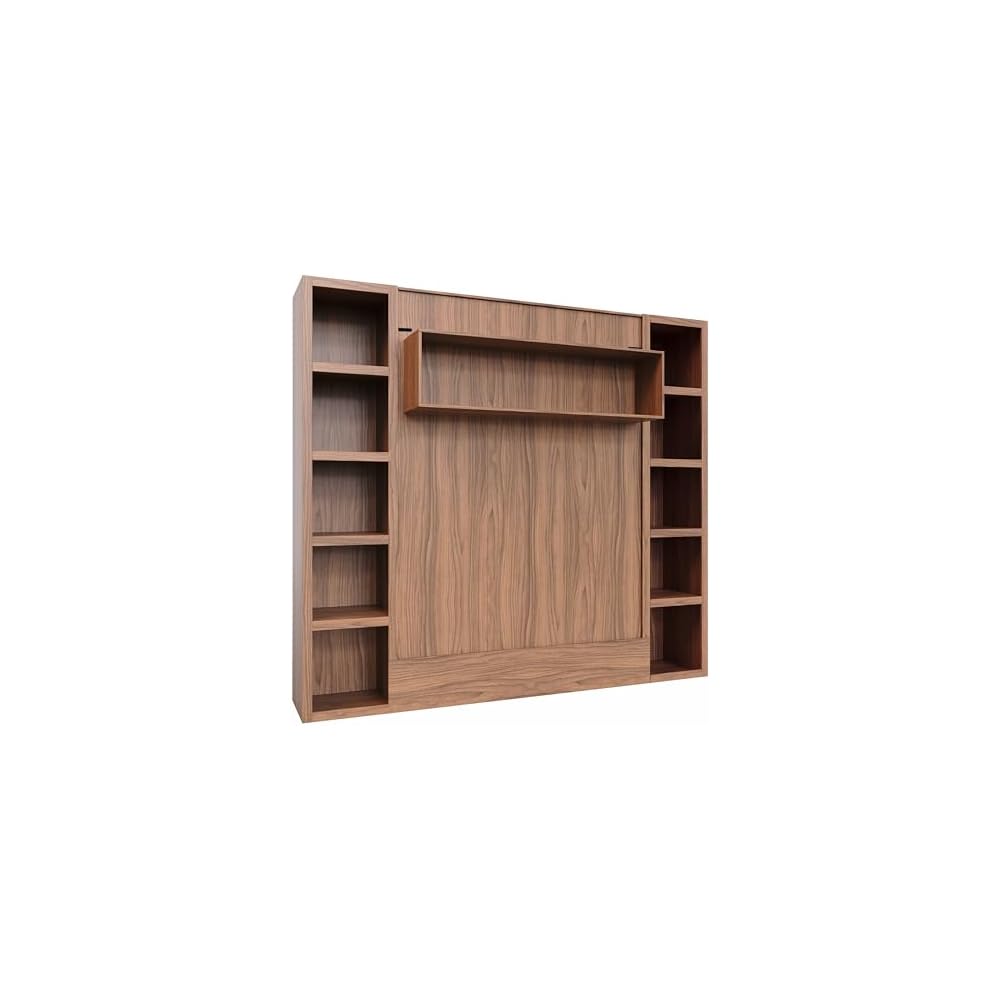 Easy-Lift Queen Murphy Wall Bed in Brown Wood Grain with Two Bookshelves