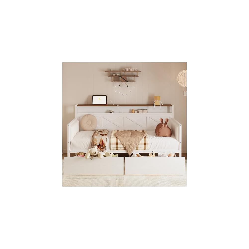 Twin Size Daybed with Storage Drawers, Charging Station, White