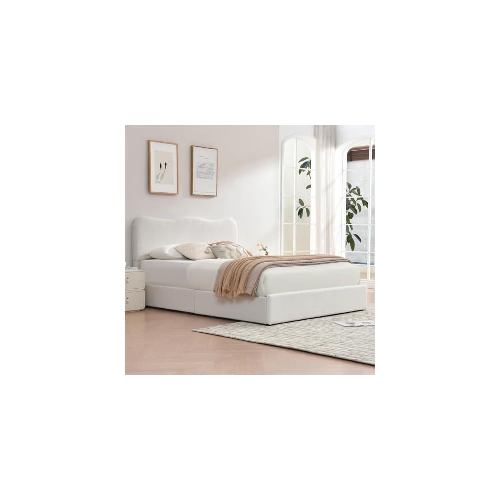 Queen Size Storage Bed Frame with 4 Pull-Out Drawers, Modern Upholstered Boucle Platform Bed with Curved Headboard, Wood Slats, No Box Spring Needed, Cream White