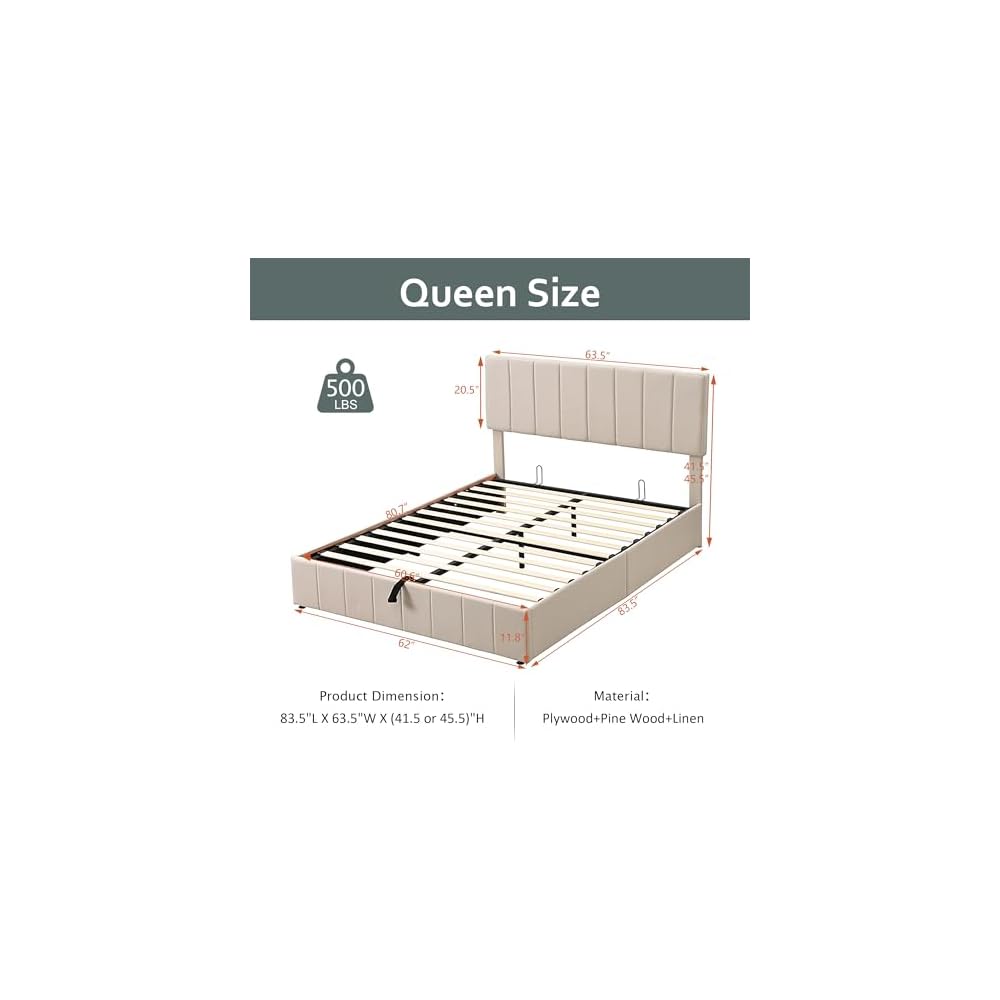 Gas Lift Up Storage Platform Bed, Upholstered Bed Frame with Hydraulic Storage System and Wooden Slat Support, Queen Size, Beige