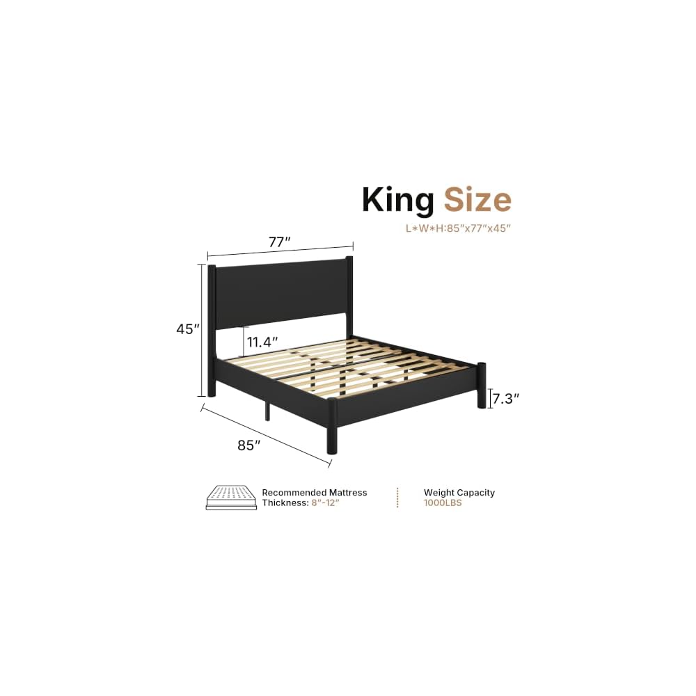 King Size Platform Bed Frame with Wood Headboard, Black