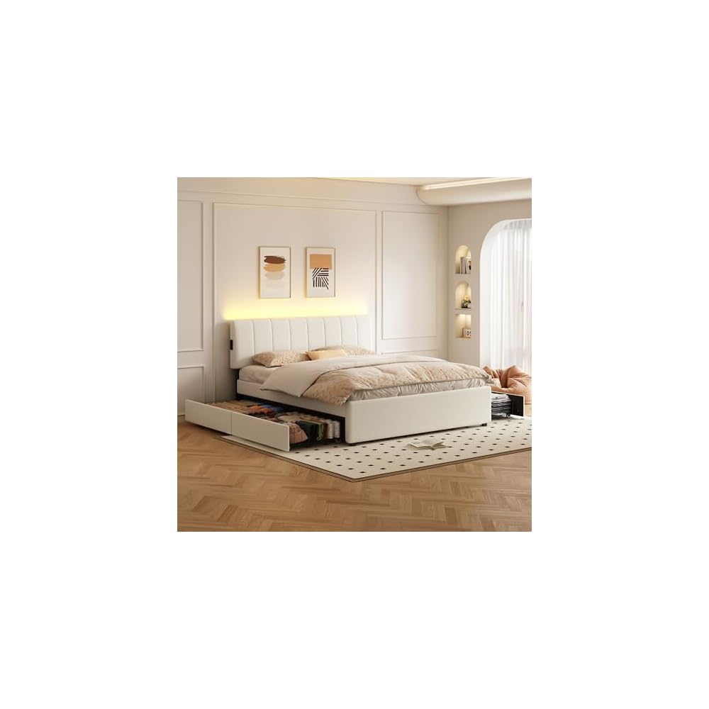 King Size Upholstered Platform Bed with 4 Storage Drawers
