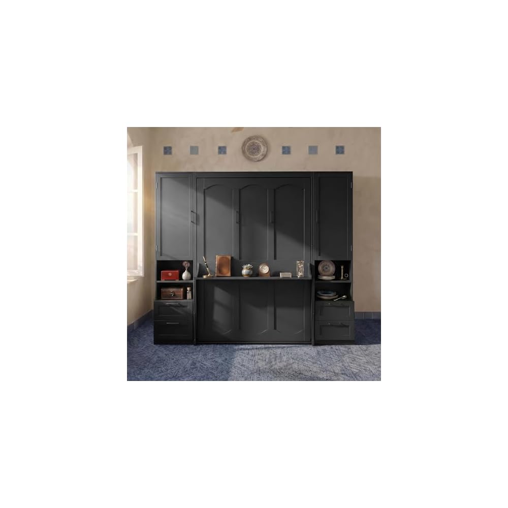 Queen Murphy Bed with Side Wardrobes & Drawers, Queen Size Wall Bed Frame, Multi-Functional Hidden Fold Down Cabinet Bed with Clothing Hanging Rods & Open Shelves, Black