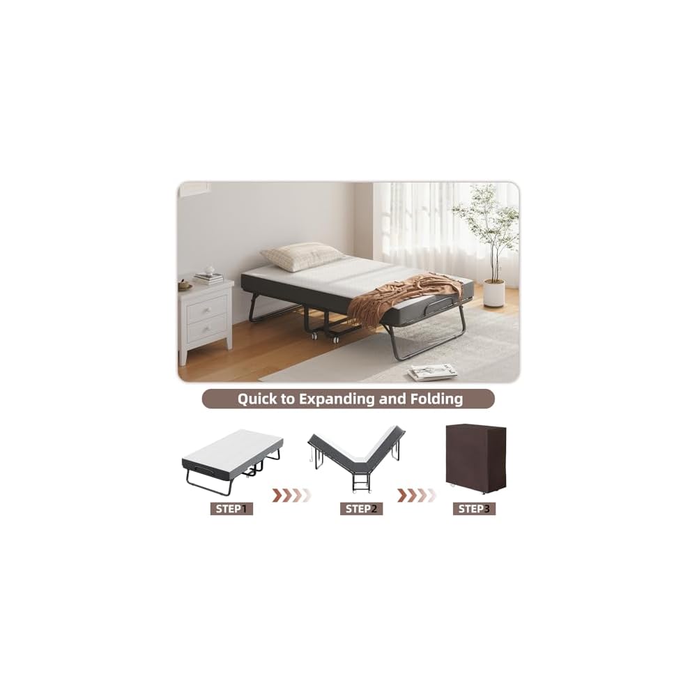Folding Bed with Mattress and Storage Cover - 75"x38" Twin Size Frame, Portable Rollaway Guest Bed with 5-inch Memory Foam Mattress, Space-Saving Foldable Design for Easy Storage