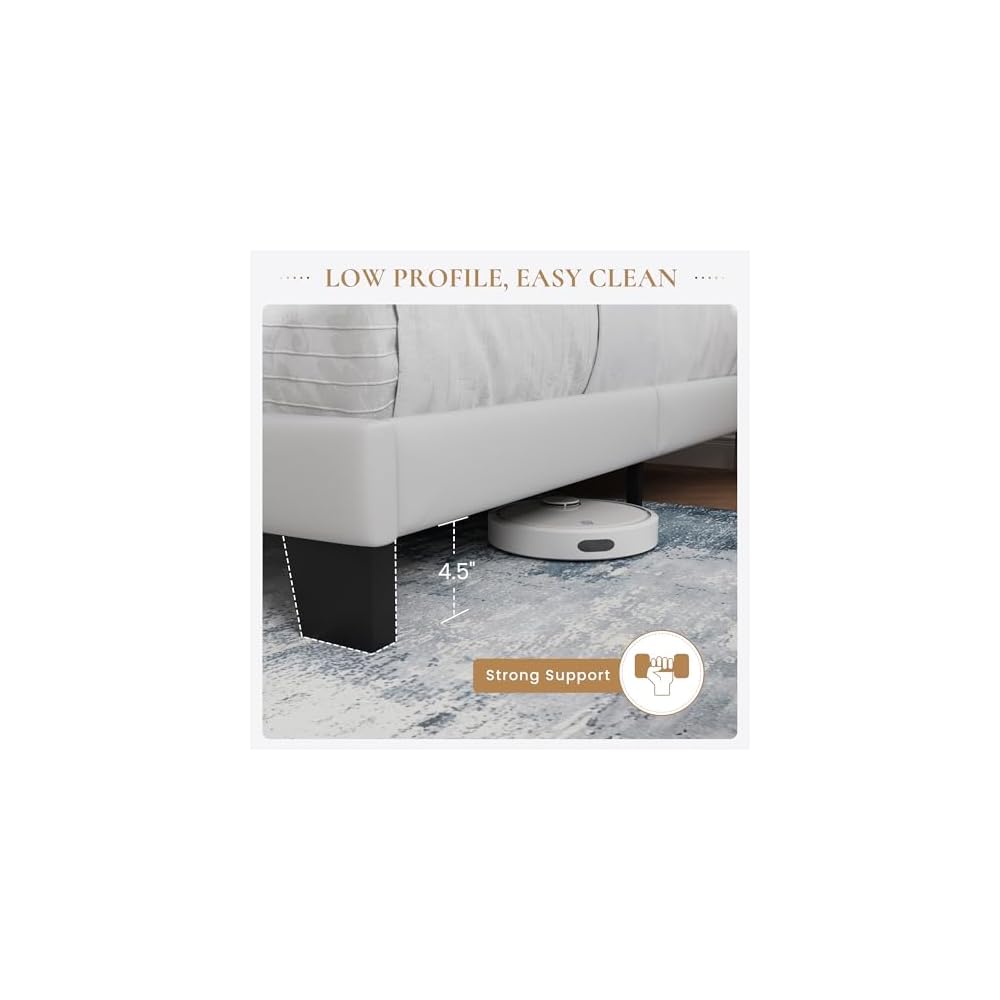 Full Platform Bed Frame with Upholstered Velvet Headboard, White