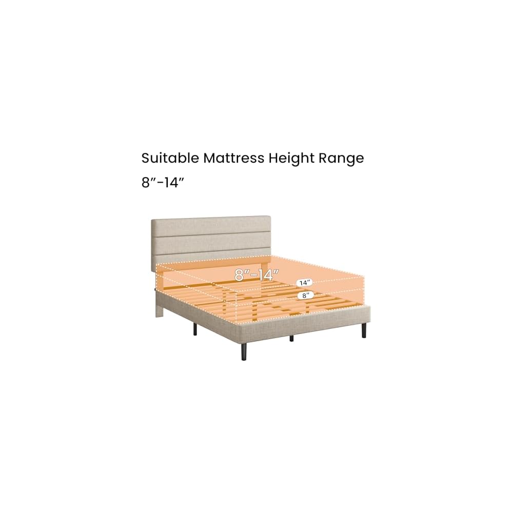 Full Platform Bed Frame with Adjustable Linen Fabric Upholstered Headboard, Strong Slats Support, Noise-Free, No Box Spring Required, Easy Assembly for Bedroom Guest Room, Beige