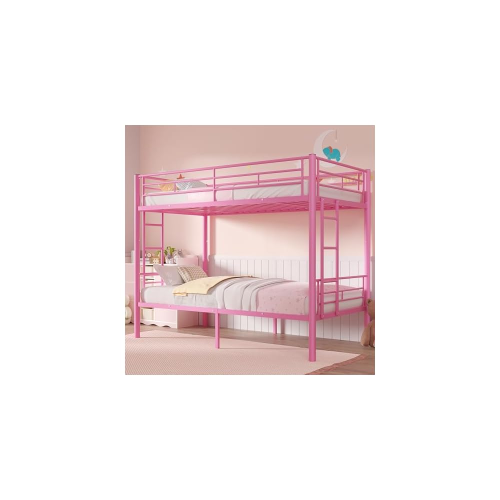 Bunk Bed Twin Over Twin, Metal Bunkbeds with Ladder and Full-Length Guardrail, No Box Spring Needed, Space Saving, Noise Free, Light Pink
