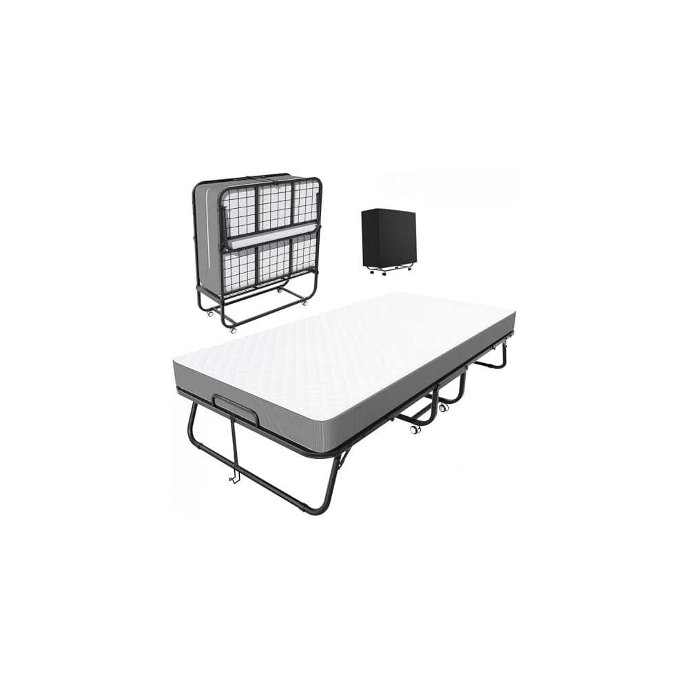 Folding Bed with Mattress, Roll Away Beds with Mattress for Adults, Single Cot Foldable Rollaway Beds, 75" x 31.5" Portable Bed for Easy Storage, Strong Frame for Guest Room