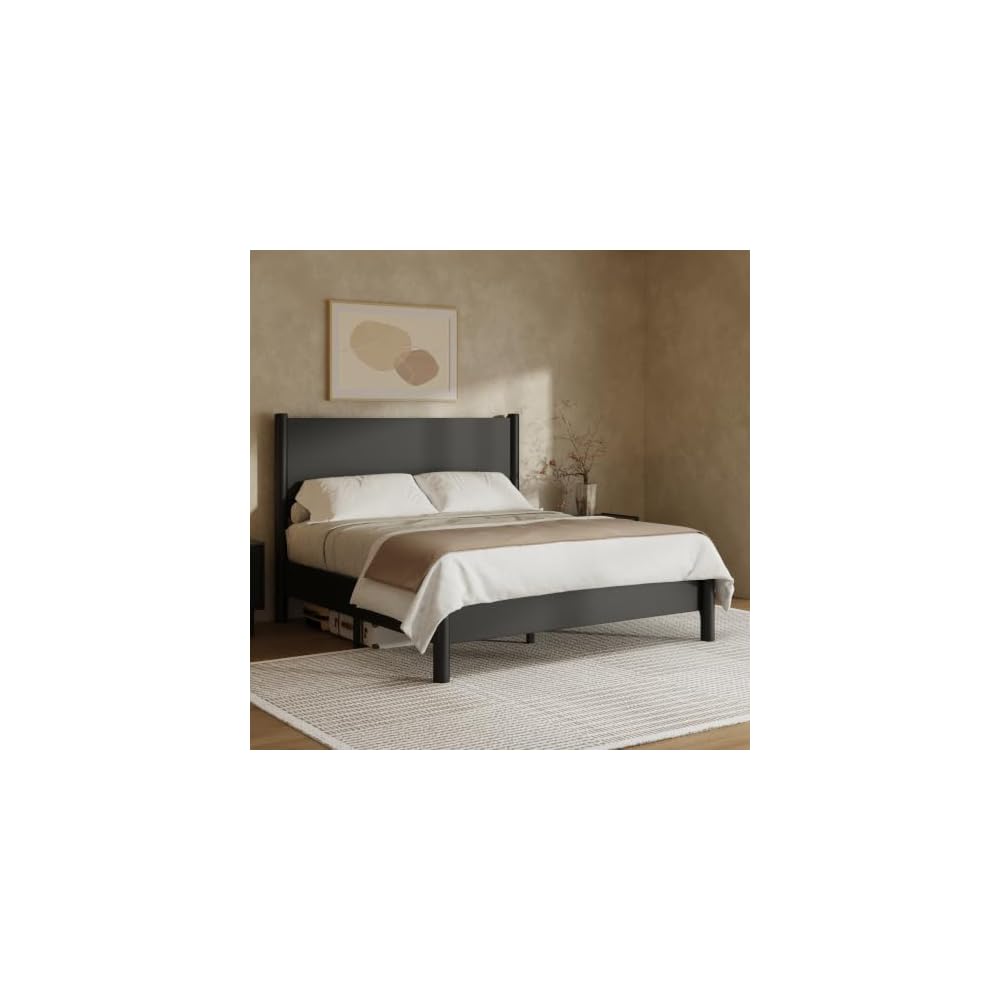 King Size Platform Bed Frame with Wood Headboard, Black