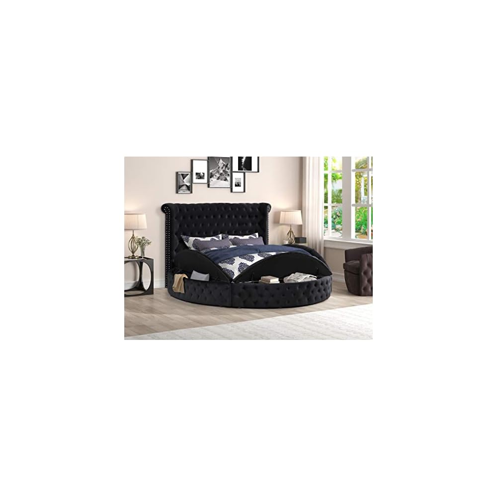 Lexi Round Upholstered Velvet Platform Bed Frame, Black - King