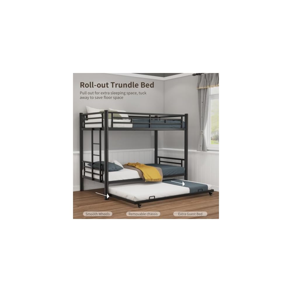 Metal Triple Bunk Bed, Twin Over Twins with Trundle, Heavy Duty Beds Frame with Ladder and Safety Rails for Small Bedroom, Space-Saving Noise Free (Black)