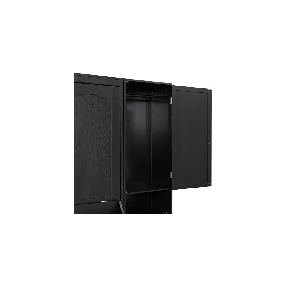 Queen Murphy Bed with Side Wardrobes & Drawers, Queen Size Wall Bed Frame, Multi-Functional Hidden Fold Down Cabinet Bed with Clothing Hanging Rods & Open Shelves, Black