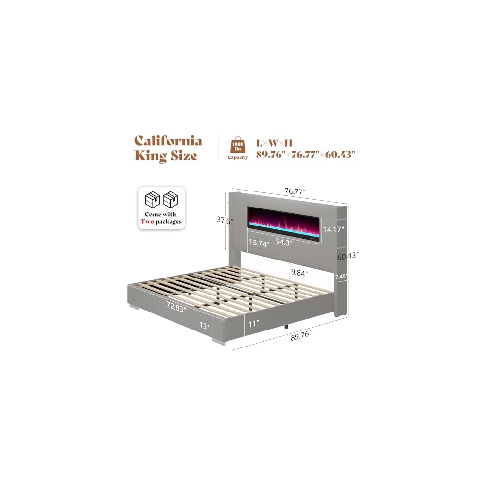 Cal King Fireplace Bed Frame, Upholstered Headboard, Light Gray