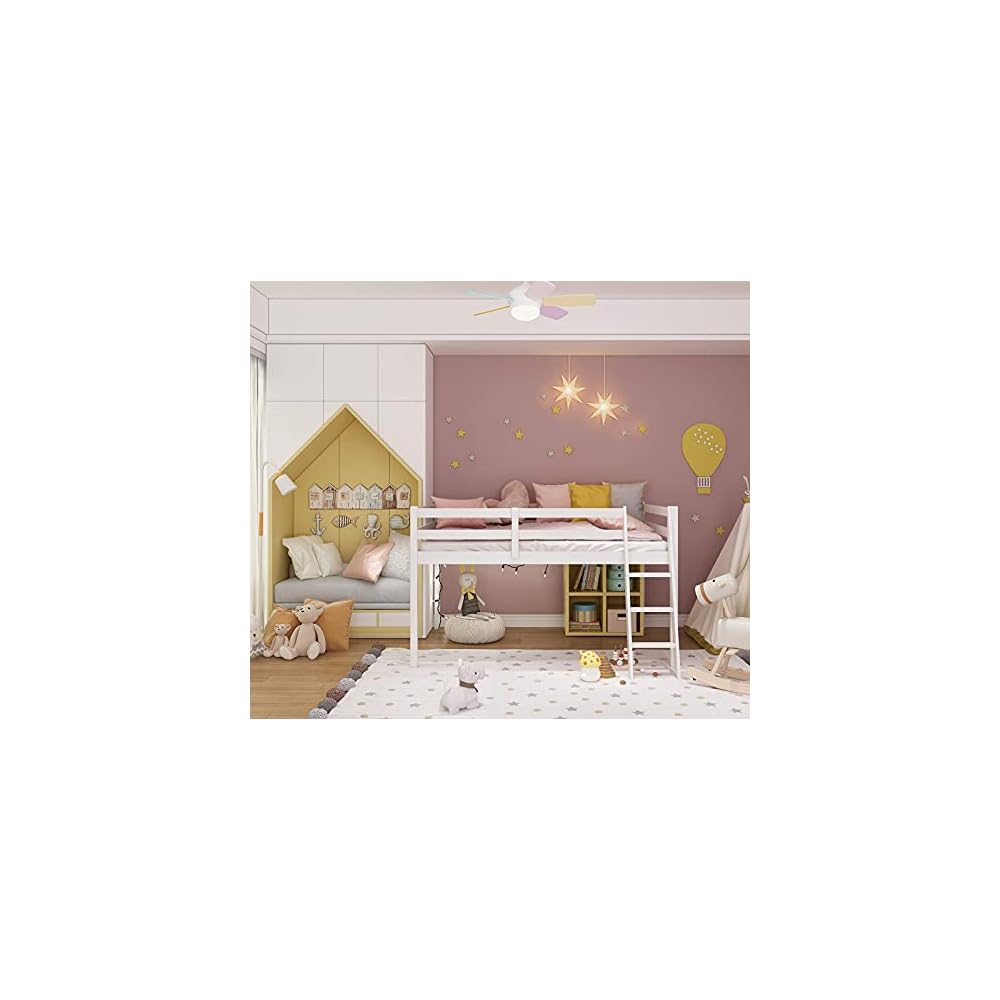 Junior Low Loft Bed with Stairs, White Wood Loft Bed Full Size for Adults, Kids and Young Teens, No Box Spring Required,Wood Slat Support