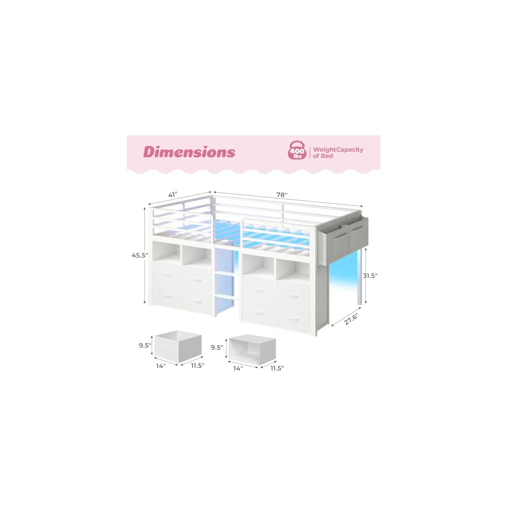 Low Loft Bed Twin Size with 8 Storage Drawers for Kids, White