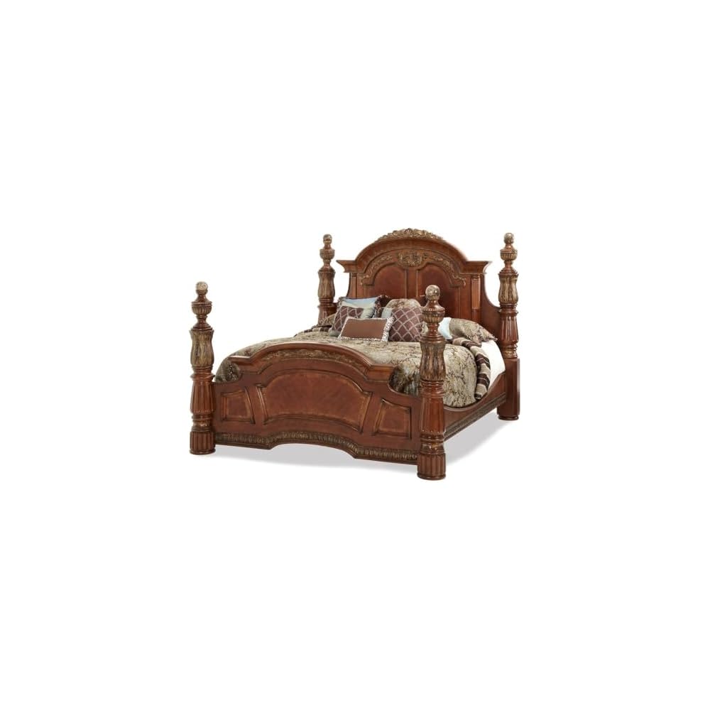 Villa Valencia Brown Eastern King Poster Bed Solid Wood Frame Marble Accents Classic Chestnut Finish Sturdy American Poplar Construction Elegant Canopy Design