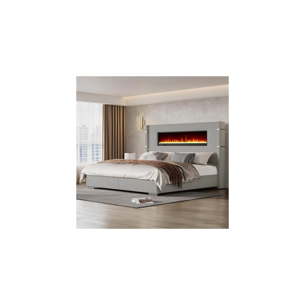 Cal King Fireplace Bed Frame, Upholstered Headboard, Light Gray