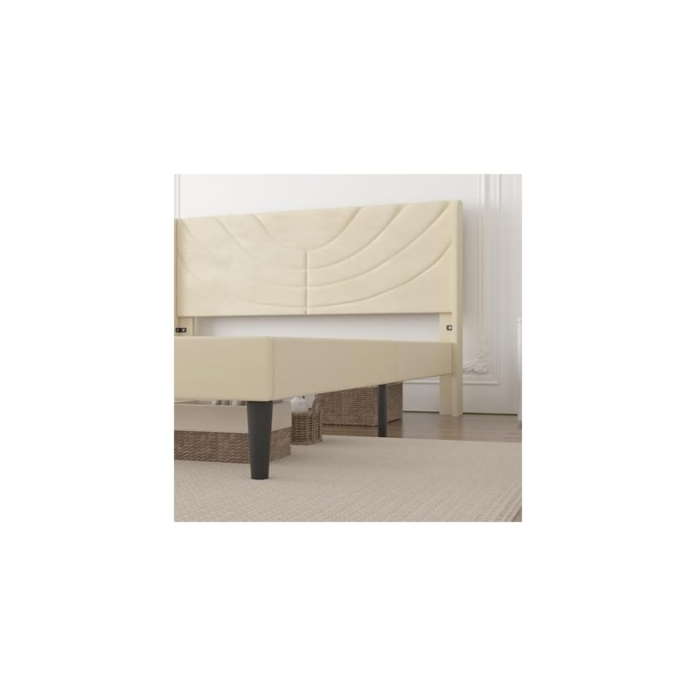 Upholstered Platform Queen Size Bed Frame with Fabric Headboard,Wooden Slats Support/No Box Spring Needed/Mattress Foundation,Beige